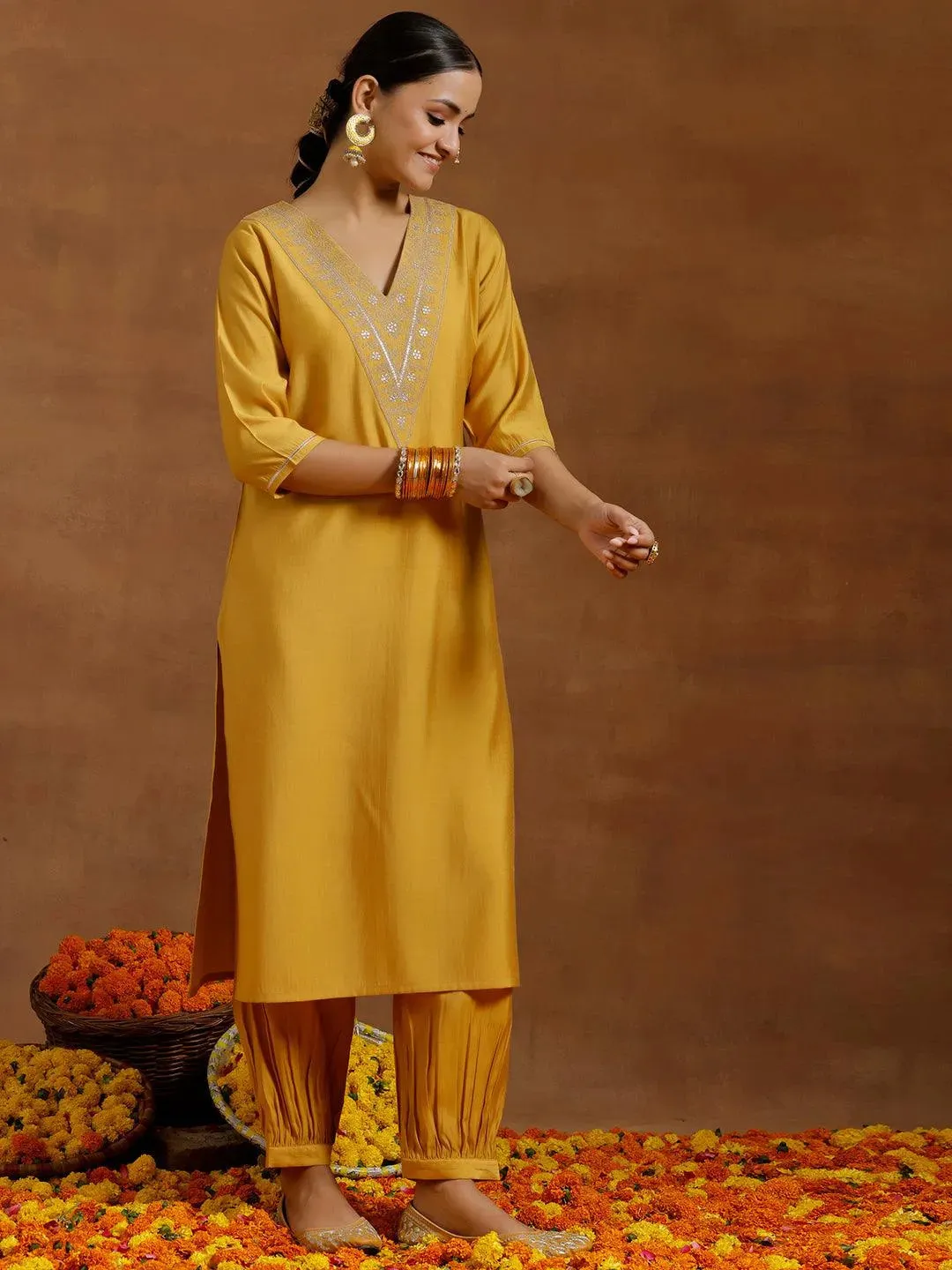 Yellow Yoke Design Silk Blend Straight Kurta Set